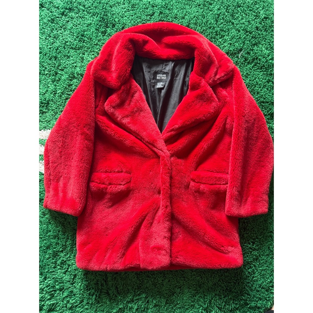 Urban Retro Red Faux Fur Coat Notched Lapel Snap Closure Mid‎ Length Large